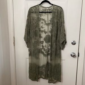 Olive Floral Embroidered Kimono Duster